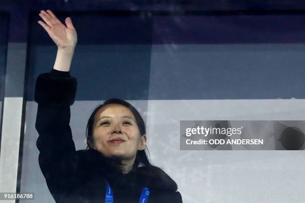 North Korea's leader Kim Jong Un's sister Kim Yo Jong waves during the opening ceremony of the Pyeongchang 2018 Winter Olympic Games at the...