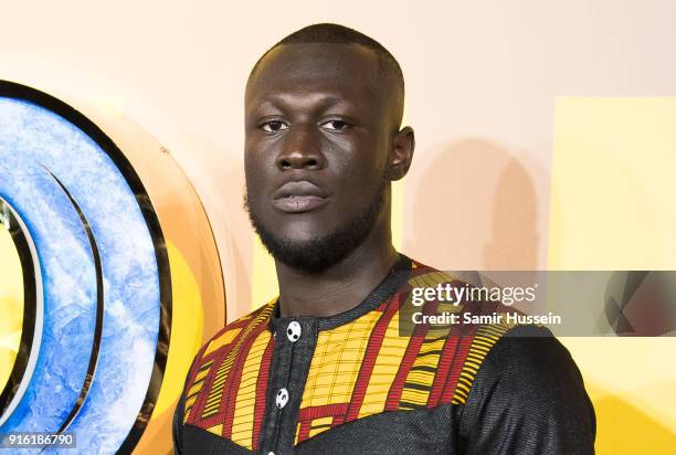 Stormzy attends the European Premiere of 'Black Panther' at Eventim Apollo on February 8, 2018 in London, England.