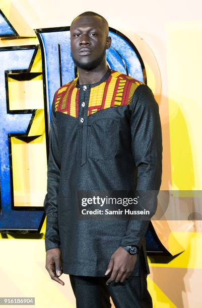 Stormzy attends the European Premiere of 'Black Panther' at Eventim Apollo on February 8, 2018 in London, England.