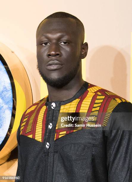 Stormzy attends the European Premiere of 'Black Panther' at Eventim Apollo on February 8, 2018 in London, England.