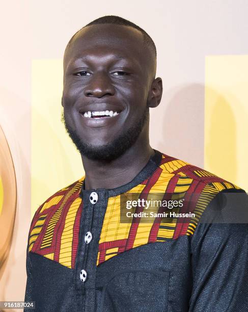 Stormzy attends the European Premiere of 'Black Panther' at Eventim Apollo on February 8, 2018 in London, England.