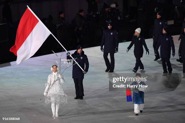 Flag bearer Rudy Rinaldi of Monaco leads the team during the Opening Ceremony of the PyeongChang 2018 Winter Olympic Games at PyeongChang Olympic...