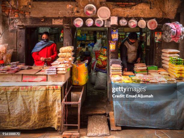 food stuff shop in kathmandu, nepal - march 11, 2017 - nepal food stock pictures, royalty-free photos & images