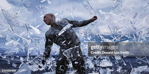 shards of glass surrounding futuristic man - angry bald screaming man fotografías e imágenes de stock