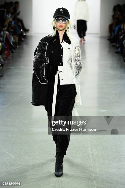 Model walks the runway for Just In XX fashion show during New York Fashion Week: The Shows at Gallery II at Spring Studios on February 9, 2018 in New...