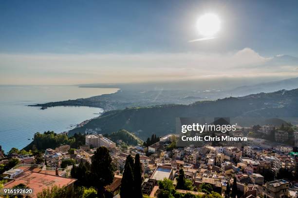 taormina and naxos and the ionian sea - naxos sicily stock pictures, royalty-free photos & images