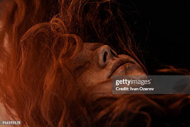 wind blowing red hair of caucasian woman - lang stock-fotos und bilder