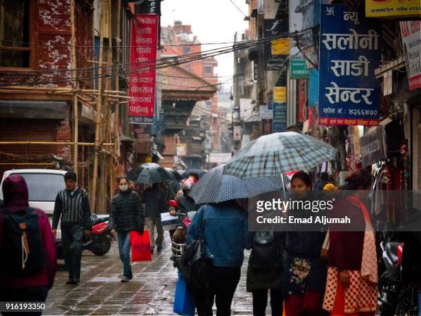 street view of thamel in kathmandu, nepal - march 10, 2017 - thamel stock pictures, royalty-free photos & images