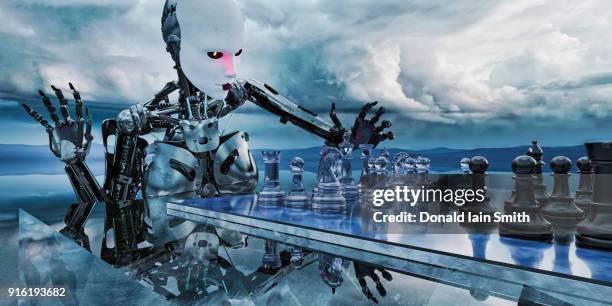 robot woman playing chess in clouds - chess robot stock-fotos und bilder