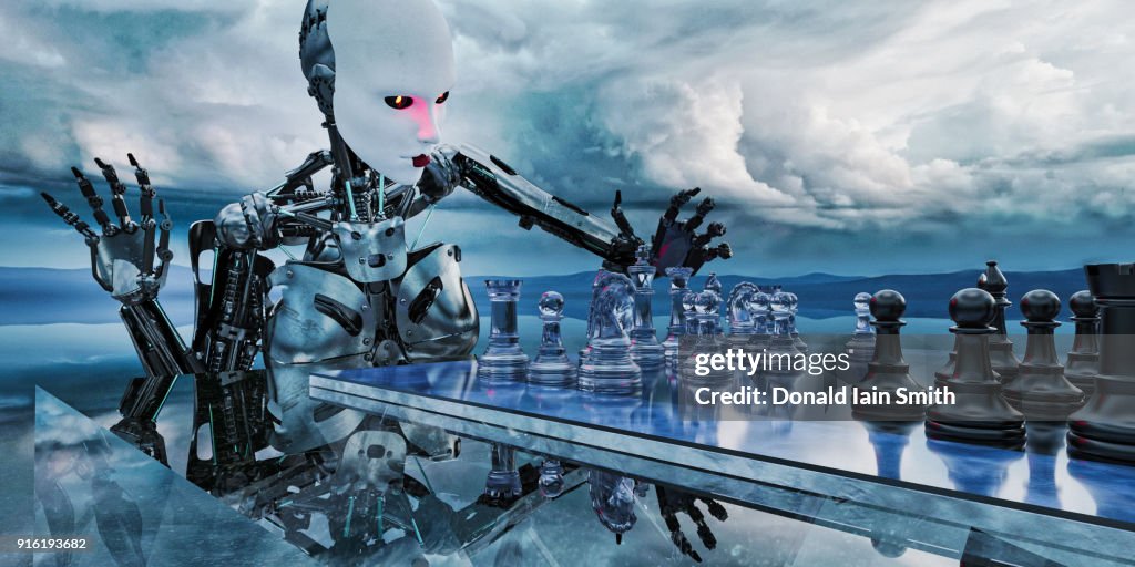 Robot woman playing chess in clouds