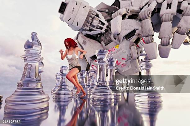 woman running between chess pieces from giant robot - chess robot stock-fotos und bilder