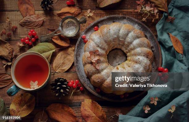 close up of tea and cake with powdered sugar - pastel bundt fotografías e imágenes de stock