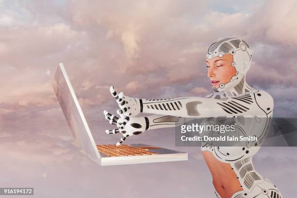 robot woman using floating laptop - テレパシー ストックフォトと画像