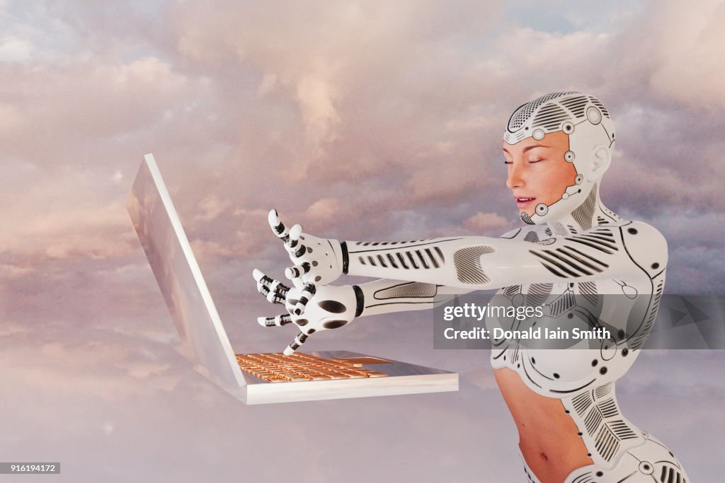 Robot woman using floating laptop