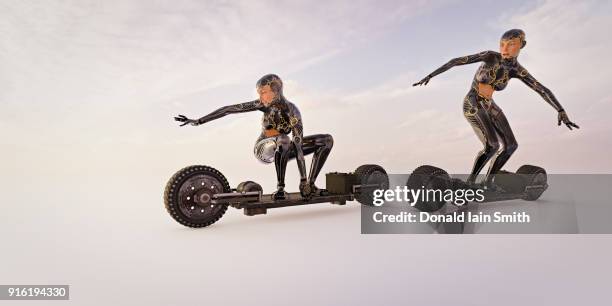 robot women riding futuristic skateboards - electric skateboard stock pictures, royalty-free photos & images