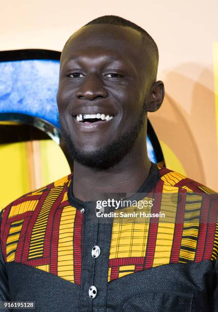 Stormzy attends the European Premiere of 'Black Panther' at Eventim Apollo on February 8, 2018 in London, England.