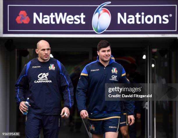 Dublin , Ireland - 9 February 2018; Captain Sergio Parisse, left, and Sebastian Negri walk out prior to the Italy Rugby Captain's Run at the Aviva...