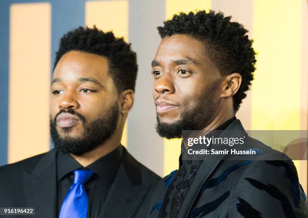 Ryan Coogler and Chadwick Boseman attends the European Premiere of 'Black Panther' at Eventim Apollo on February 8, 2018 in London, England.