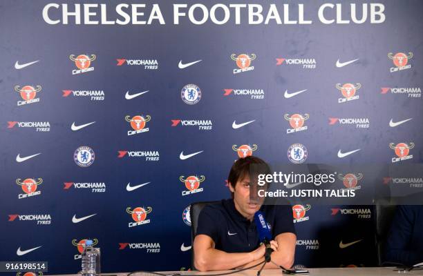 Chelsea's Italian head coach Antonio Conte gives a press conference at Chelsea's Cobham training facility in Stoke D'Abernon, southwest of London, on...