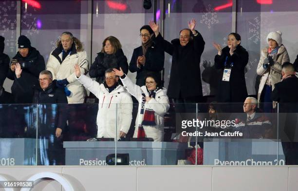 President of IOC Thomas Bach, President of South Korea Moon Jae-in, his wife Kim Jung-sook, above them President of North Korea Kim Yong-nam and Kim...