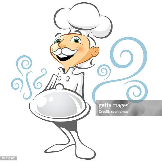 gourmet chef with steaming serving tray - fancy restaurant kitchen stock illustrations