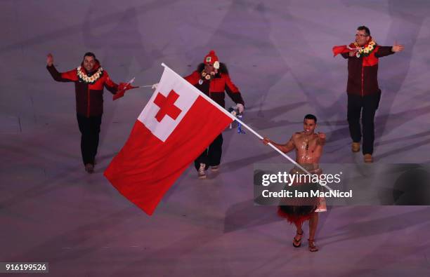Pita Taufatofua of Tonga is seen during the Opening Ceremony of the PyeongChang 2018 Winter Olympic Games at PyeongChang Olympic Stadium on February...