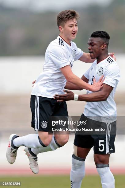 Plyers Angelo Stiller and Kevin Bukusu celebrate a goal uring U17-Juniors Algarve Cup match between U17 Netherlands and U17 Germany at Lagos Stadium...