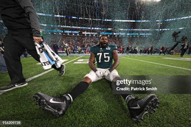 Vinny Curry of the Philadelphia Eagles celebrates after defeating the New England Patriots 41-33 in Super Bowl LII at U.S. Bank Stadium on February...