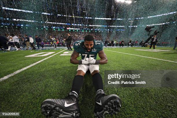 Vinny Curry of the Philadelphia Eagles celebrates after defeating the New England Patriots 41-33 in Super Bowl LII at U.S. Bank Stadium on February...