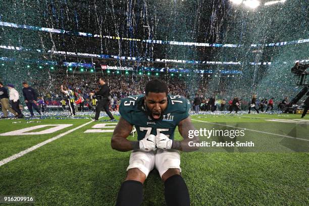 Vinny Curry of the Philadelphia Eagles celebrates after defeating the New England Patriots 41-33 in Super Bowl LII at U.S. Bank Stadium on February...