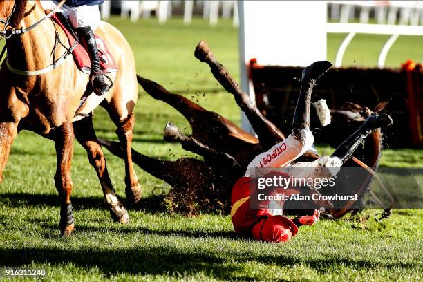 Leighton Aspell falls from Safe Harbour at Kempton Park racecourse on February 9, 2018 in Sunbury, England.