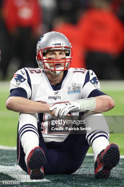 Tom Brady of the New England Patriots reacts against the Philadelphia Eagles during the fourth quarter in Super Bowl LII at U.S. Bank Stadium on...