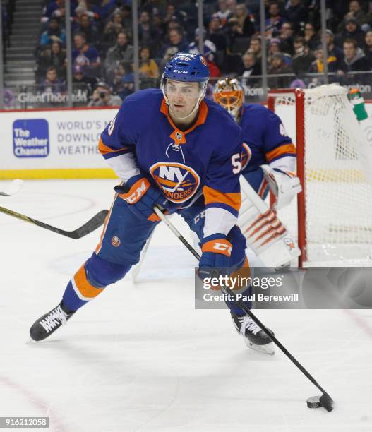 Adam Pelech of the New York Islanders skates in an NHL hockey game against the Nashville Predators on February 5, 2018 at Barclays Center in the...