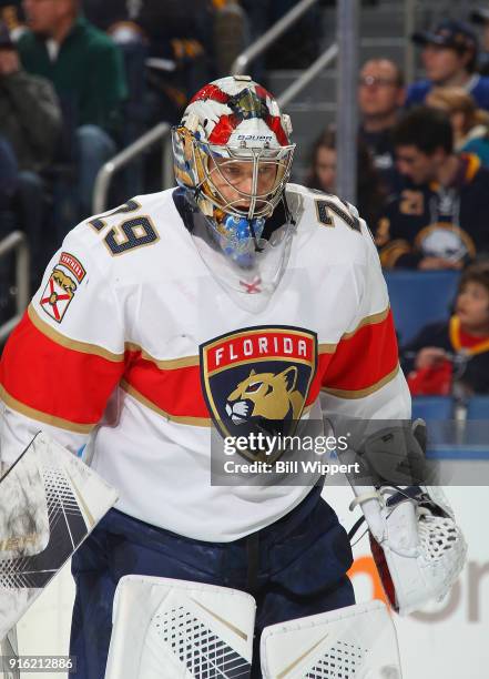 Harri Sateri of the Florida Panthers heads to the net during an NHL game against the Buffalo Sabres on February 1, 2018 at KeyBank Center in Buffalo,...