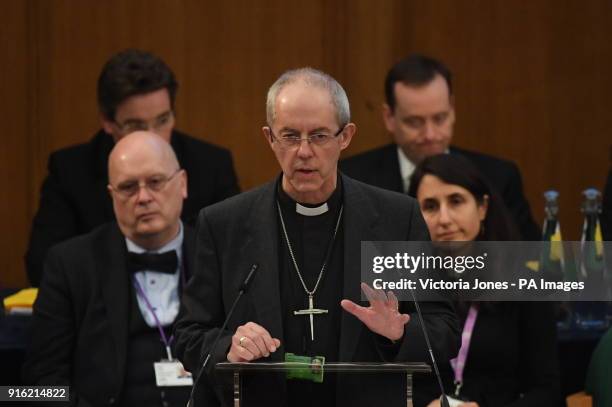 The Archbishop of Canterbury, the Most Reverend Justin Welby, addresses the General Synod at Church House in London.