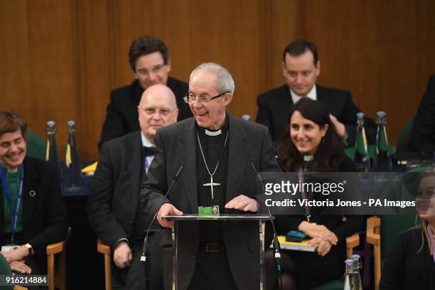 The Archbishop of Canterbury, the Most Reverend Justin Welby, addresses the General Synod at Church House in London.