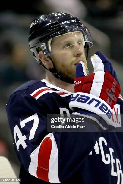 Steven Kampfer of the New York Rangers reacts in the third period against the Boston Bruins during their game at Madison Square Garden on February 7,...