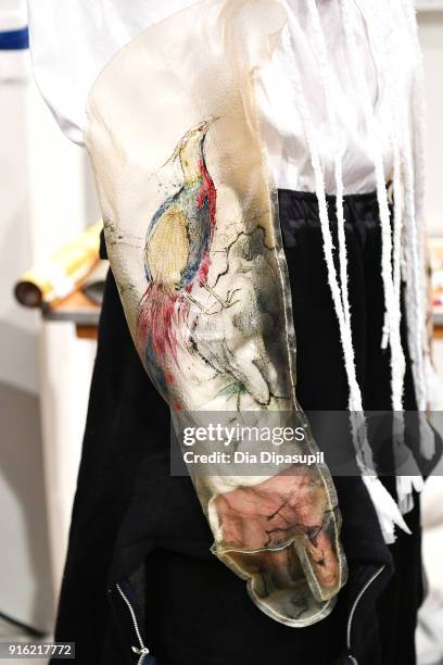 Sleeve detail shown backstage for the Just In XX - Presentation at Gallery II at Spring Studios on February 9, 2018 in New York City.