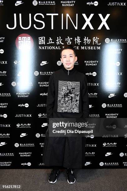 Designer Justin, Yu-Ying Chou, poses backstage for the Just In XX - Presentation at Gallery II at Spring Studios on February 9, 2018 in New York City.
