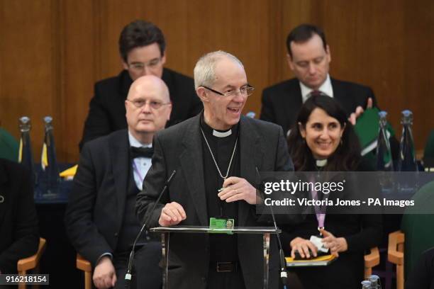 The Archbishop of Canterbury, the Most Reverend Justin Welby, addresses the General Synod at Church House in London.