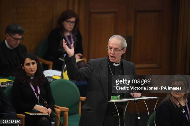 The Archbishop of Canterbury, the Most Reverend Justin Welby, addresses the General Synod at Church House in London.