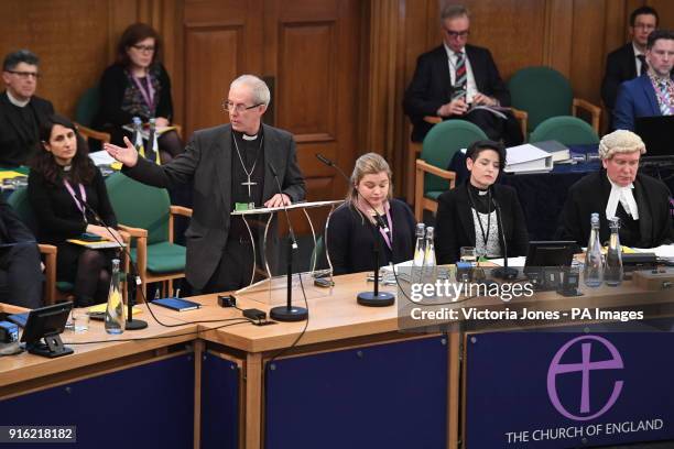 The Archbishop of Canterbury, the Most Reverend Justin Welby, addresses the General Synod at Church House in London.