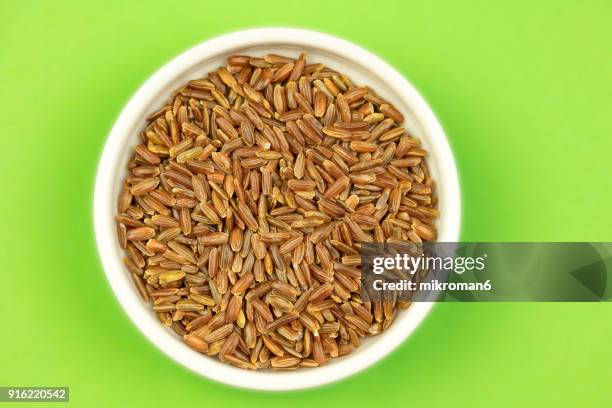 wild, red rice directly above view, macro shot. traditional food. - national diet of japan stock pictures, royalty-free photos & images