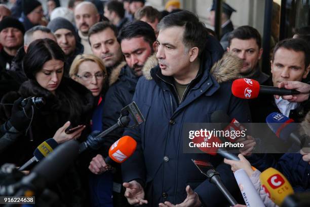 Ukrainian opposition figure and Georgian former President Mikheil Saakashvili talks to media in front of the Fairmont Grand Hotel in Kyiv, Ukraine,...