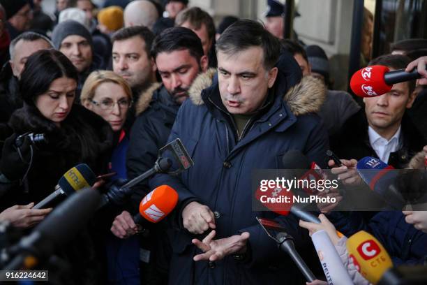 Ukrainian opposition figure and Georgian former President Mikheil Saakashvili talks to media in front of the Fairmont Grand Hotel in Kyiv, Ukraine,...