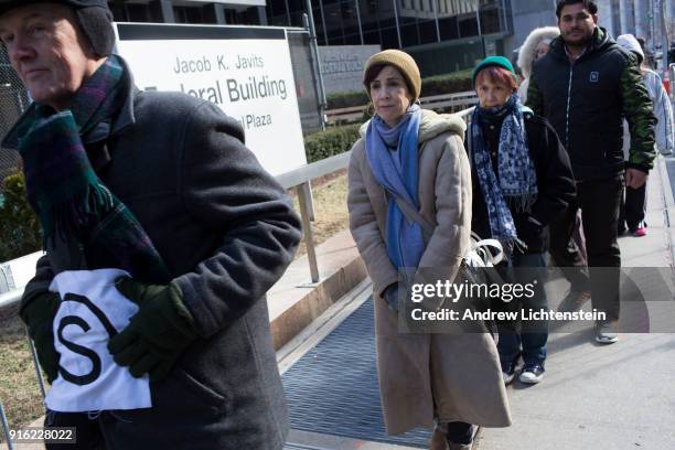 New Sanctuary movement activists march in a weekly protest against immigrant deportations on February 8, 2018 outside of immigration court at 26...