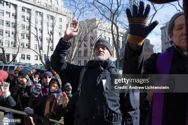 New Sanctuary movement activist Ravi Ragbir joins a weekly protest march against immigrant deportations on February 8, 2018 outside of immigration...