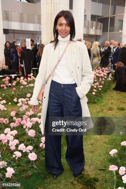 Model Liya Kebede attends the Tory Burch Fall Winter 2018 Fashion Show during New York Fashion Week at Bridge Market on February 9, 2018 in New York...