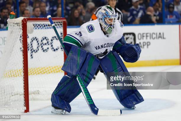Vancouver Canucks goaltender Anders Nilsson in the second period of the NHL game between the Vancouver Canucks and Tampa Bay Lightning on February...