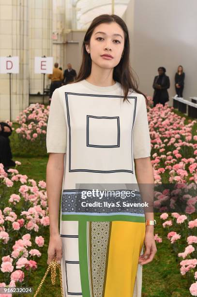 Model Kouka Webb attends the Tory Burch Fall Winter 2018 Fashion Show during New York Fashion Week at Bridge Market on February 9, 2018 in New York...